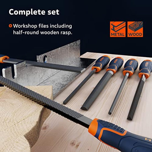 Presch File Set Metal and Wood 6 pcs. - Professional File Set incl. Half-Round rasp, Flat Stump File, Half-Round File, Round File, Triangular File and Square File