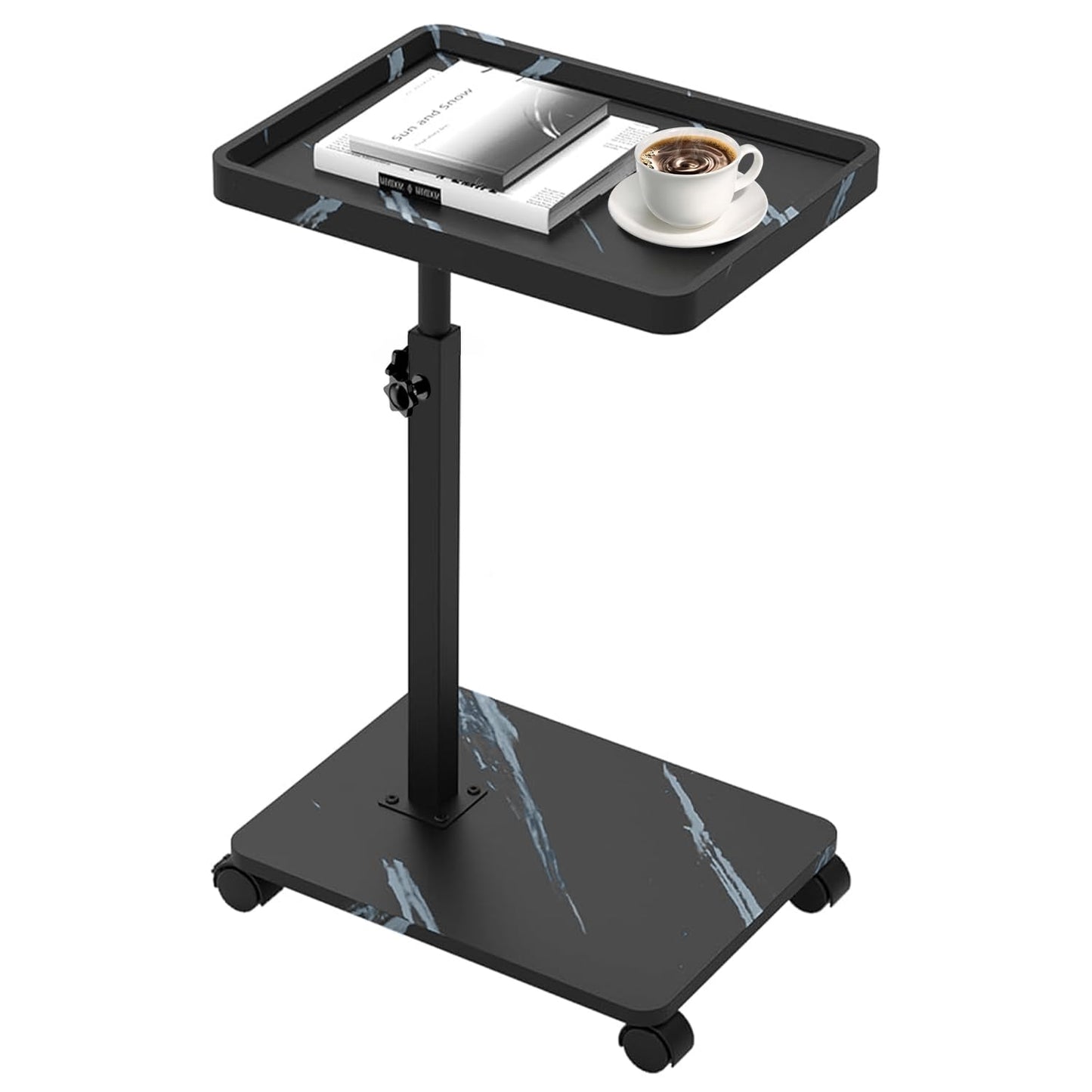 YYW Adjustable C Shaped Side Table with Wheels for Sofa, Marble Black White