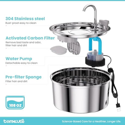 TOMXCUTE Cat Water Fountain for drinking, 3.2L Stainless Steel Pet Fountain, Cat Drinking Fountain Dishwasher Safe, Water Dispenser for Cats and Dogs, with Upgraded Pump and 3 Replacement Filters