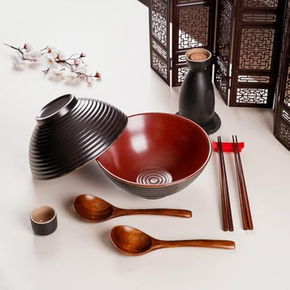 NUTRIUPS 1200ml Ceramic Ramen Bowl Set of 2 Noodle Bowls with Chopsticks and Spoons (Agate Red)