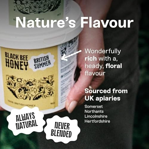 Black Bee Honey - Pure British Summer Honey, Runny with a Rich Heady Floral Flavour, Unprocessed, Single Source from Hive to Jar, Never Blended - Delicious on Toast, Soothing in Drinks, 1Kg Tub
