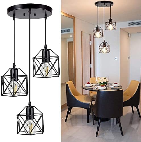 Vintage 3-Lights Ceiling Lamp Adjustable Hanging Pendant Lights Industrial Flush Mount Ceiling Lighting Fixture E27 Base Black Geometric Ceiling Hanging Lamp for Kitchen Dinning Room Hallway