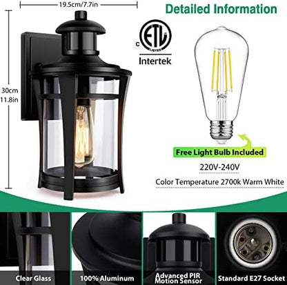 Lamomo Outdoor Wall Lights, Security Motion Sensor Lights Outdoor with Bulb, Waterproof Aluminum Dusk Till Dawn Outside Lights, 3 Lighting Modes Wall Lantern Sconce with Sensor for Garden Doorway