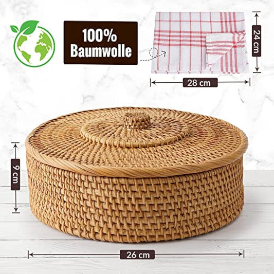 Tortillada - 26 cm Tortilla Warmer / Tortilla Warmer Basket Handmade from Rattan with Cotton Tea Towel