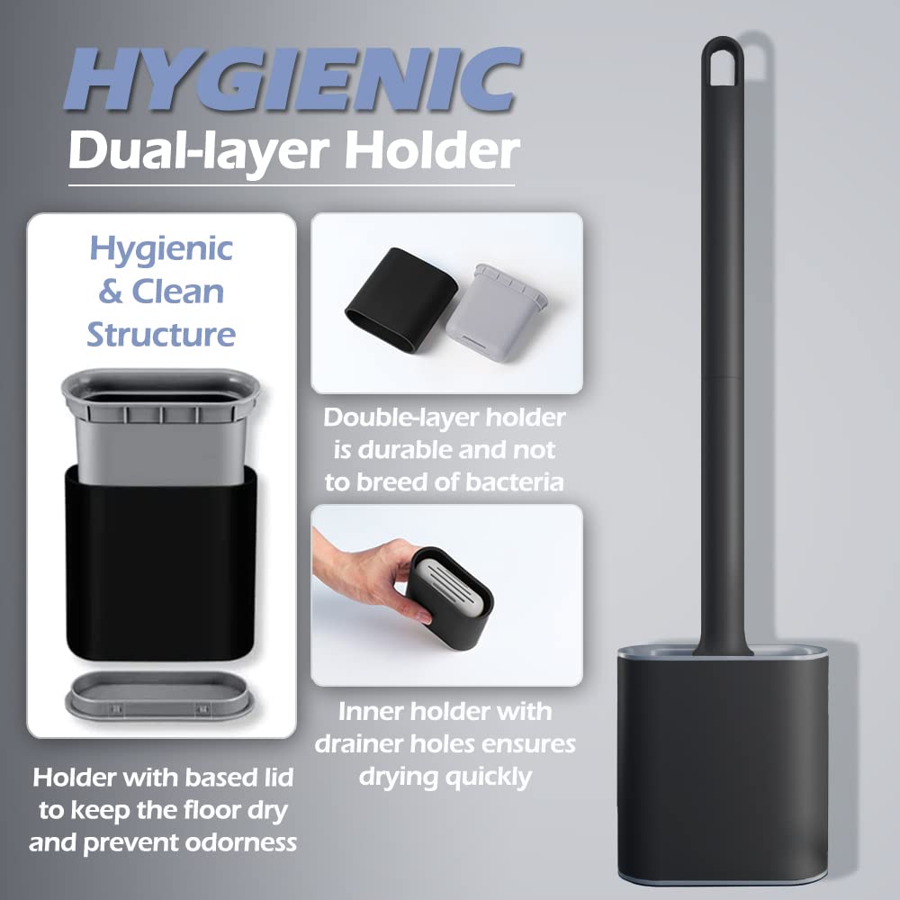 2 Pack Silicone Toilet Brush with Holder Set Flexible Bristles Black