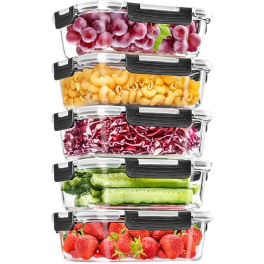 Skroam 5-Packs 36OZ Glass Food Storage Containers with Lids Airtight, Glass Meal Prep Container for Lunch, Pantry Organizers and Storage, Glass Lunch Boxes for Freezer to Oven Safe, Leak Proof