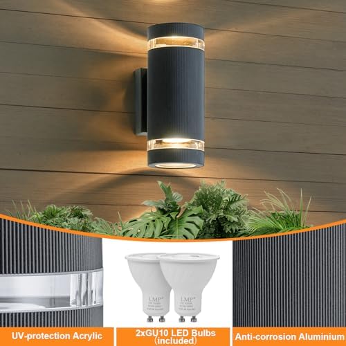 LMP Outdoor Wall Lights Mains Powered, Up Down Outside Lights Grey, IP65 External LED Front Door Lamp Porch Light Electric, Exterior GU10 Round Lighting Sconce Wall Mounted for House