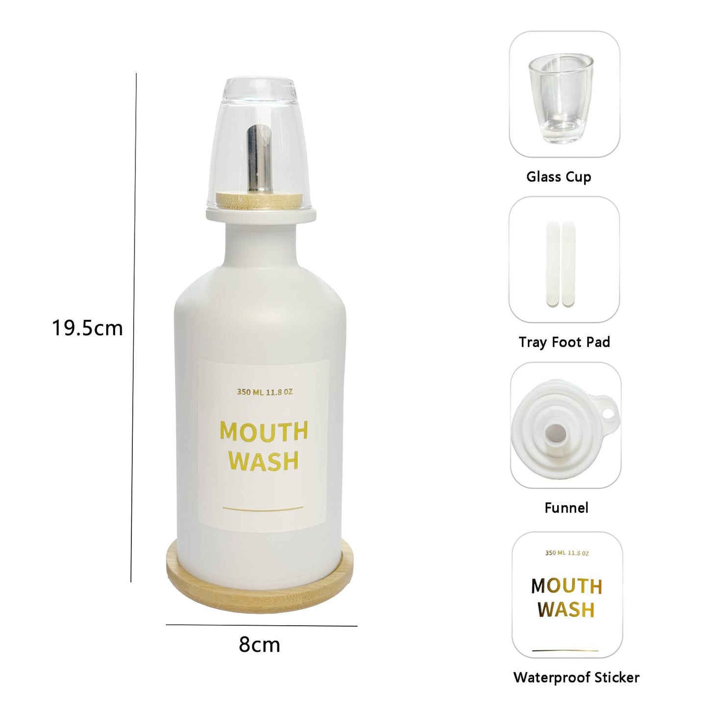Yumzxin 11.8OZ Glass Mouthwash Bottle with Bamboo Tray & Stainless Steel Nozzle, Refillable Bathroom Organizer, Essential Oil Dispenser