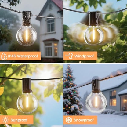 Yuucio Outdoor LED String Lights 100FT, 30M Festoon Lights Mains Powered with 52 Plastic Bulbs, Waterproof for Garden Patio Backyard Gazebo Weddings Halloween Decorations, Warm White 2700K