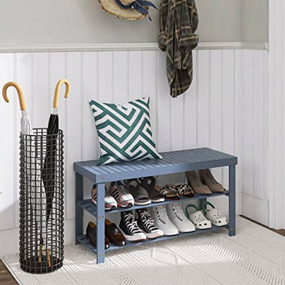 SMIBUY Bamboo Shoe Rack Bench, 3-Tier Shoe Organizer Storage Shelf for Entryway Hallway Bathroom Living Room (Grey)