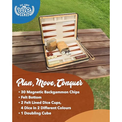 WE Games Travel Backgammon Set - Magnetic Board Game with 30 Chips, 2 Vinyl Dice Cups, 4 Dice & Tan Map Leatherette Case
