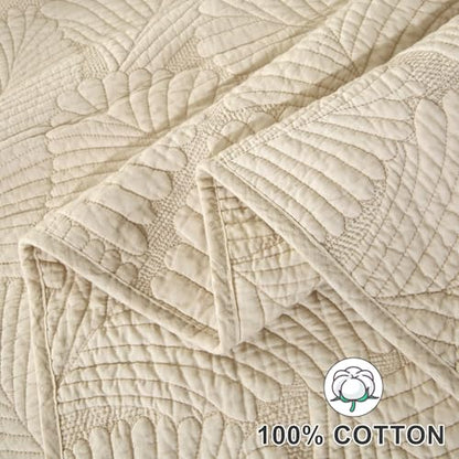 Qucover Beige Bedspread Soft and Comfortable Cotton Quilted Bedspreads King Size with Elegant Embroidered Palm Leaf Pattern, 3 Pieces Bedspreads