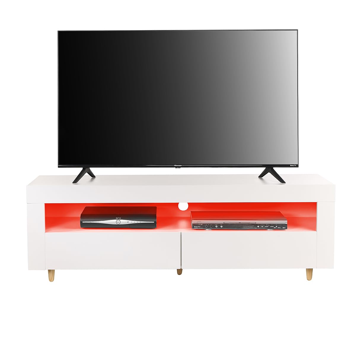 White TV Stand Cabinet, 140cm, with Lights, Soundbar Shelf, Storage Cupboards for 42", 50" 55" TV's, Modern Living Room Furniture
