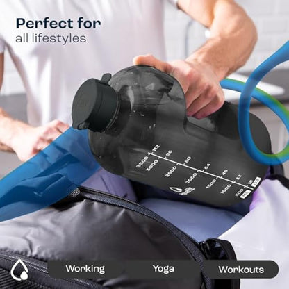 AQUAFIT 4 Litre Water Bottle with Straw - Water Bottle 4L with Time Marker - One Gallon Big Bottle with Straw - Large Bottle For Gym - 2 Lids, Grey Fade