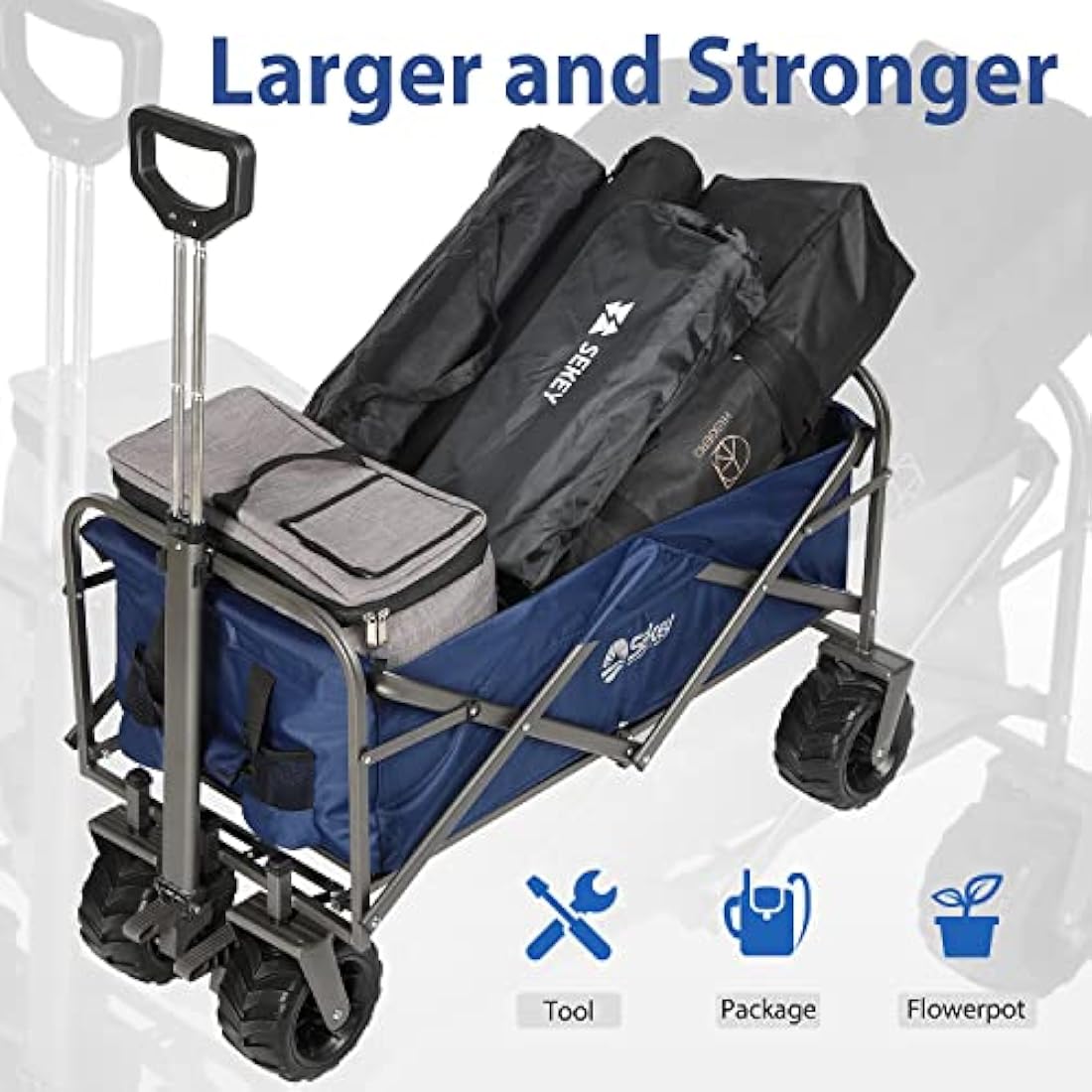Sekey Folding Festival Trolley with Wide All-Terrain Wheels, 440LB Large Load Capacity, Heavy-Duty Camping Wagon with Brake, Sturdy Beach Garden Cart, Adjustable Handles & Drink Holders, Blue