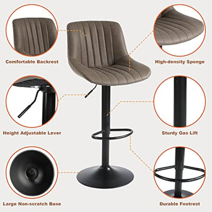 Youhauchair Bar Stools Set of 2, Swivel Counter Height Barstools with Back, Adjustable PU Leather Bar Stool, Modern Kitchen Breakfast Bar Stools, Brown
