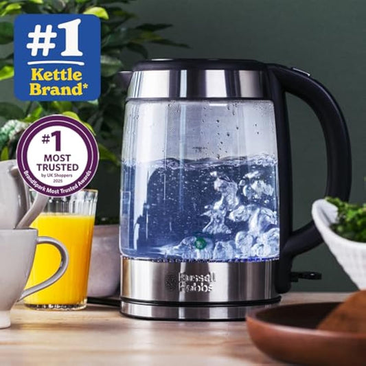 Russell Hobbs Illuminating 1.7L Electric Cordless Glass Kettle with black/brushed stainless steel accents (Fast Boil 3KW, Washable anti-scale filter, Button to open lid, Perfect pour spout) 21600-10