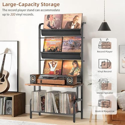 Bikoney Vinyl Record Storage Cabinet - Turntable Stand with Record Holder, Vinyl Wall Mount for up to 300 Albums, Display Shelf Bigger Storage