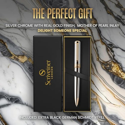 Scriveiner Silver Chrome Ballpoint - Stunning Luxury Pen, Real Gold Finish, Schmidt Black Refill, Best Ball Pen Gift Set for Men & Women, Professional, Executive, Office, Nice, Fancy Pens