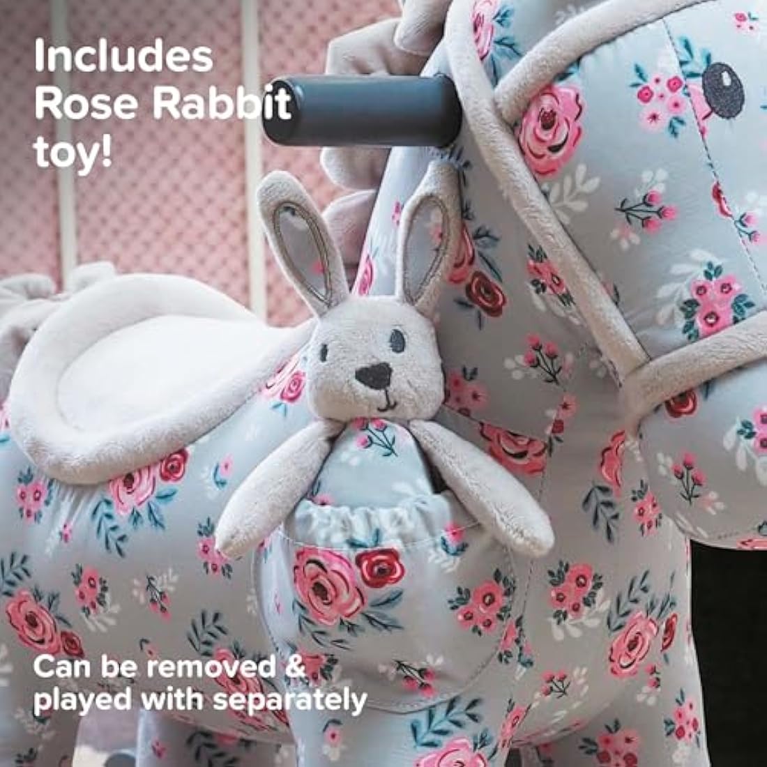 Little Bird Told Me - Lily & Rose Rocking Horse for Baby/Toddler 9+ Months Unisex - Grey & Pink Floral Printed Fabric, Solid Wooden Frame & Rockers, Removable Plush Toy - British Brand Since 2007