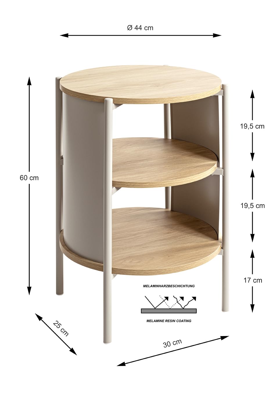 HAKU Side Table Round Side table bedSide table natural Oak cashmere grey MDF Metal round coffee table – Dimensions: H 60 x Ø 44 cm Style: Modern