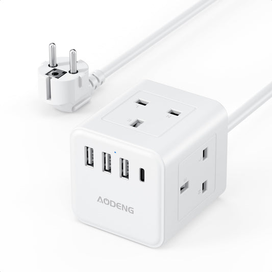 UK to European Plug Adapter with 1.5M Extension Cable, Aodeng 4 Way Travel Extension Lead with 4 USB Compact Type E/F Travel Adapter for Germany