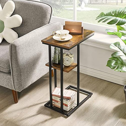 YMYNY C-Shaped End Table Set of 2, Side Table for Sofa and Bed, Coffee Table for Small Spaces, Living Room, Bedroom, Industrial Small Table with Storage Shelf and Metal Frame, Rustic Brown, HST004H-2