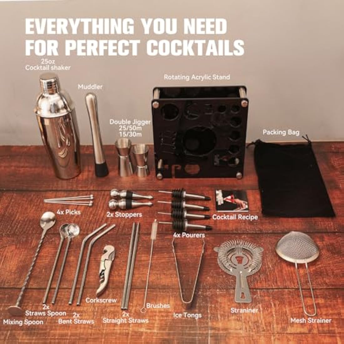 KINGROW Mixology Cocktail Shaker Set - Complete 29-Piece Bartender Kit and Bar Tools with Acrylic Rotating Stand, Professional Bar Set for Drink Mixing, Home, Bar, Party (Sliver)