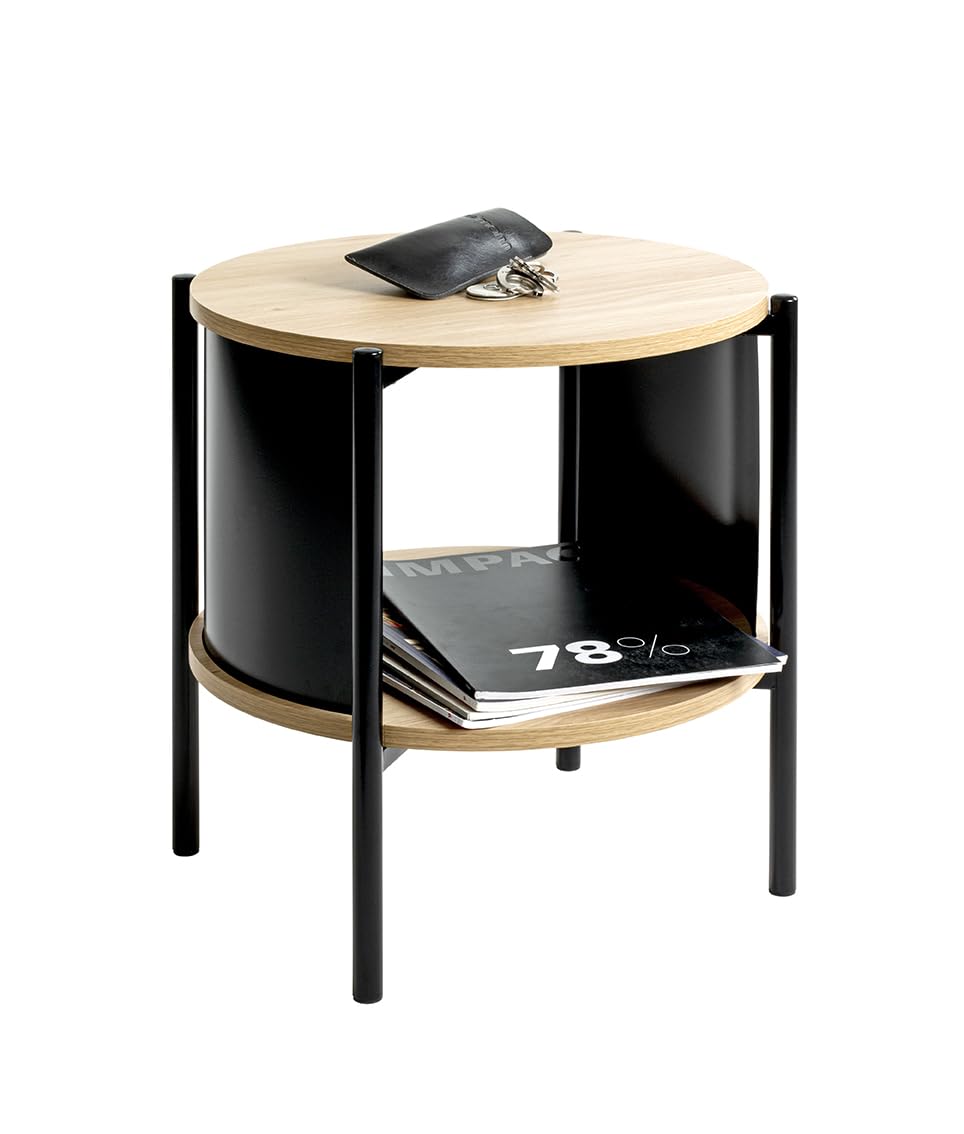 HAKU Side Table Round Side Table Natural Oak Black MDF Top Metal Frame Round Coffee Table - Dimensions: H 44 x Ø 44 cm Style: Modern