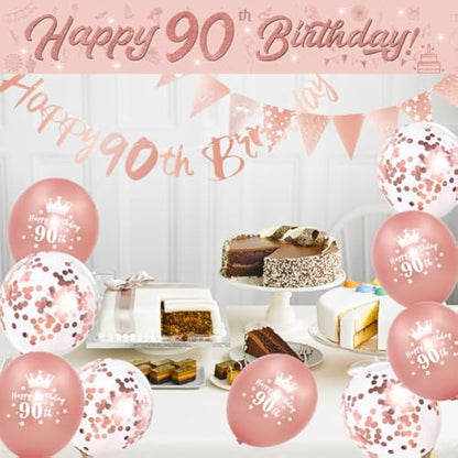 DEARLIVES 14 Pieces 90th Happy Birthday Decorations,Rose Gold 90th Birthday Party Supplies Including Happy 90th Birthday Banners Birthday Straps Triangle Flag Bunting Confetti Latex Balloons