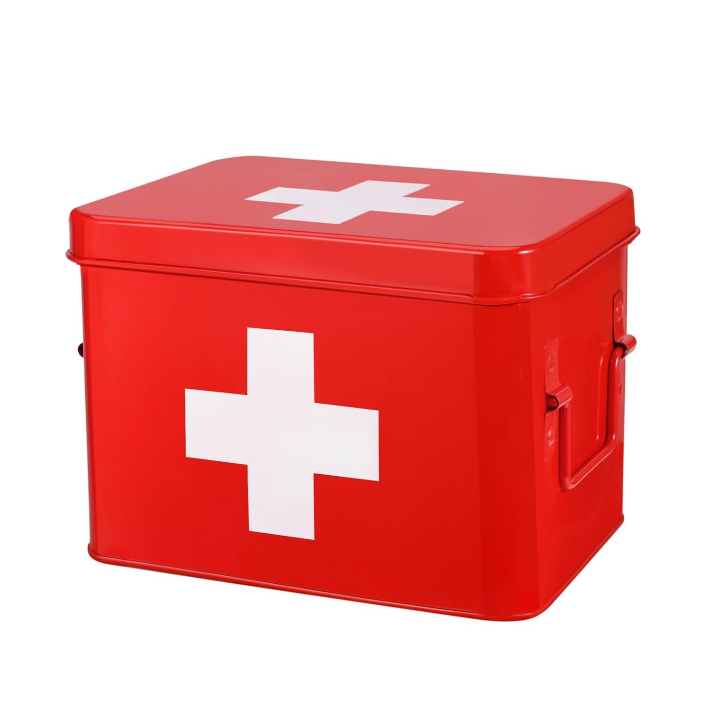 Flexzion Metal First Aid Box Empty, 8.5 Inch Red Vintage First Aid Storage Box, First Aid Tin Container with Dividers, Removable Tray