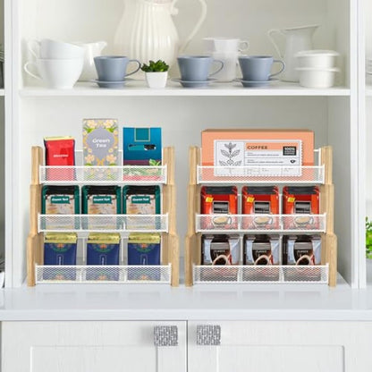 THYGIFTREE Tea Bag Organizer, 3 Tier Tea Box Storage, Solid Wood Tea Bag Holder for Kitchen, Office, Countertop,Sugar Packets, Creamers Holder
