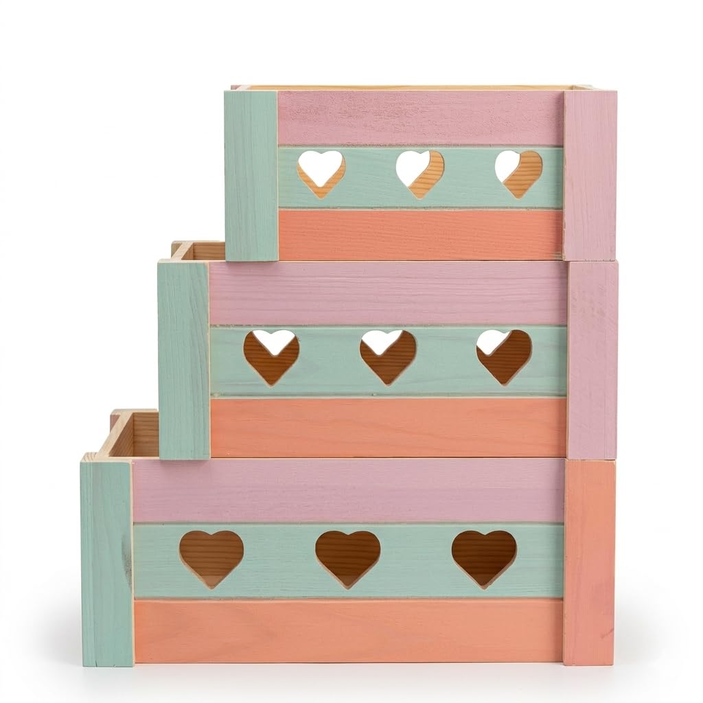 Set of 3 Wooden Crates with Heart Design – Living Room Storage & Gift Boxes – Stackable Decorative Pine Wood Boxes