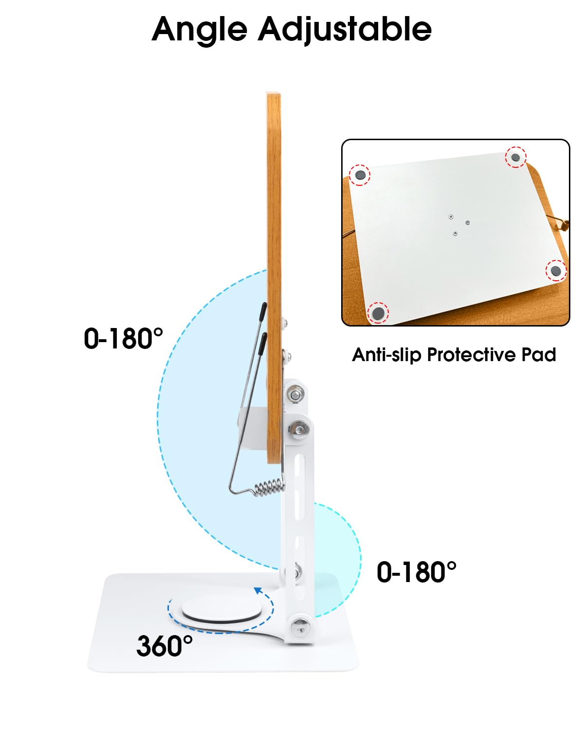 Wooden Book Stand for Reading, 360°Adjustable Book Holder Foldable Recipe Cook Book Stand for Kitchen Book Display Stand with Elastic Page Clips for