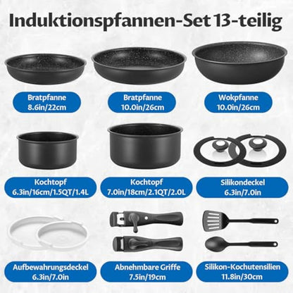 BEZIA Induction Hob Pans Set 13 Pieces, Non Stick Pots and Pans Set with Detachable Handles, Nonstick Kitchen Cookware Sets with Removable Handle, Stackable RV Frying Pans for Campers, Oven Safe