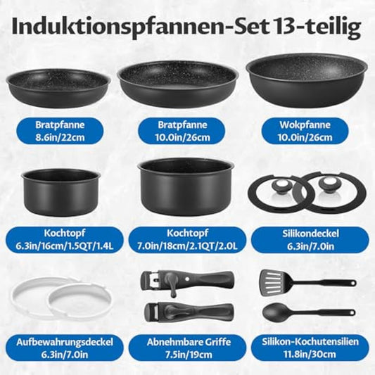 BEZIA Induction Hob Pans Set 13 Pieces, Non Stick Pots and Pans Set with Detachable Handles, Nonstick Kitchen Cookware Sets with Removable Handle, Stackable RV Frying Pans for Campers, Oven Safe