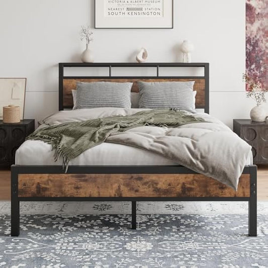 JELUTE Double Bed Frame with Wooden Storage Shelf Headboard, Metal Platform Bed Frame, No Box Spring Needed, Noise Free, Reinforced Strong Support Leg, Black