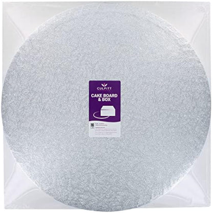 Culpitt 12" Round Silver Cake Drum Board & Tall White Box Combo, 12 x 12 x 12 Inch Square Box and Matching Circle Set for Tiered or Decorated Cake Transport