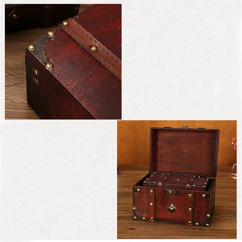 LIKEUDO Retro Jewelry Treasure Chest With Lock Vintage Wooden Trinket Storage Box (L (8.7x5.3x5.9in))