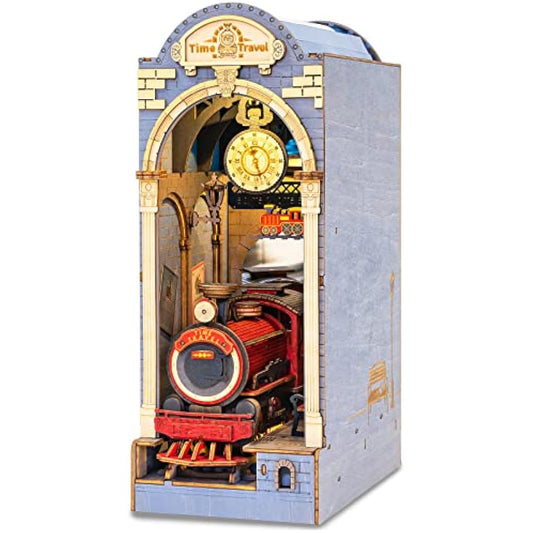 ROBOTIME Wooden Book Nook Dollhouse Kit, DIY Wall Hanging Miniature Room, Puzzle House Model Building Kits with LED Lights, Home, Bookshelf Decor (Time Travel)