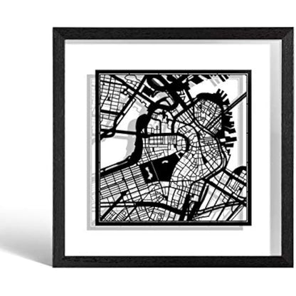 O3 DESIGN STUDIO Boston Paper Cut Map framed, Black map, Black frame, 9x9 inches, Gift Boxed, 2 background color, self-changing, Paper Art