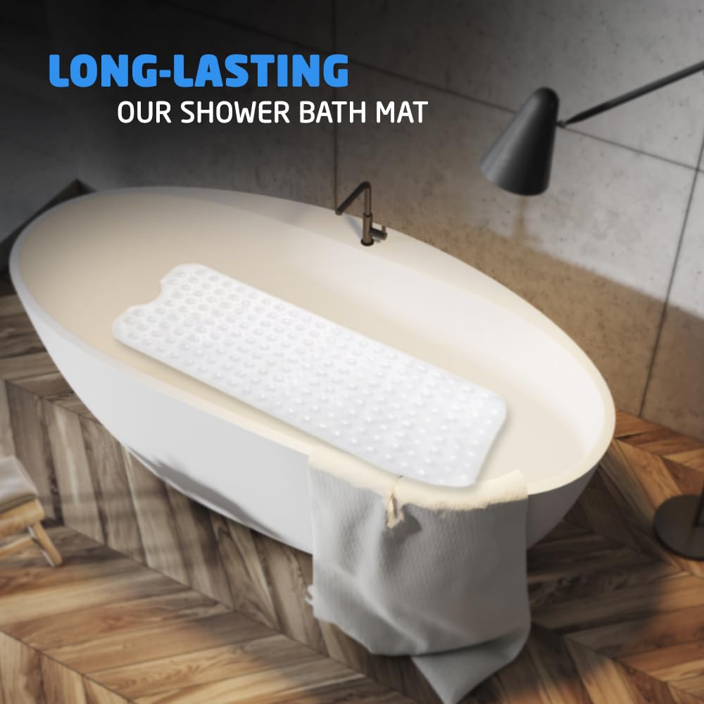 Non-Slip Shower Bath Mat, 100x40cm Long Anti Mould & Mildew Shower Mat, Powerful Suction Cups Grips, BPA, Latex Free, Resistant, Safe