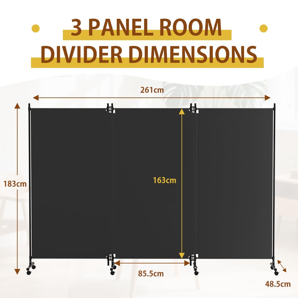 HIDODO 3 Panel Upgraded Room Divider with Wheels, 261cm W x 183cm H, Grey