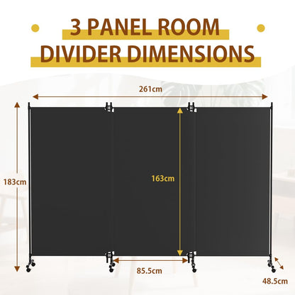 HIDODO 3 Panel Upgraded Room Divider with Wheels, 261cm W x 183cm H, Grey