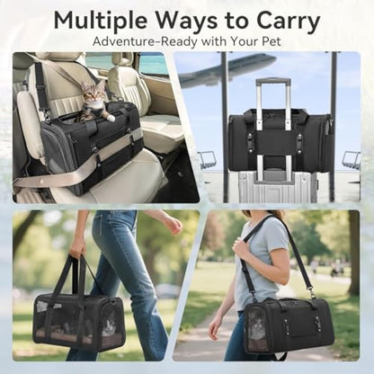 Petsfit Cat Carrier Car, Small Dog Carrier with Upgraded Patented Car Buckle Soft Sided Pet Carrier for Puppy, 4 Side Ventilated with Adjustable Shoulder Straps and Soft Cushion,Black