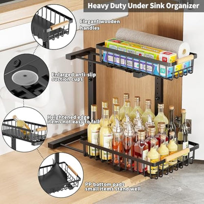 ROLIZOE 2 Tier Sliding Under Sink Storage Kitchen Organiser 42.5cm Height Adjustable Under Sink Shelf with 2 Slide Out Baskets Metal Cupboard Organiser Under Sink Cabinet Basket Organiser for Bathroom