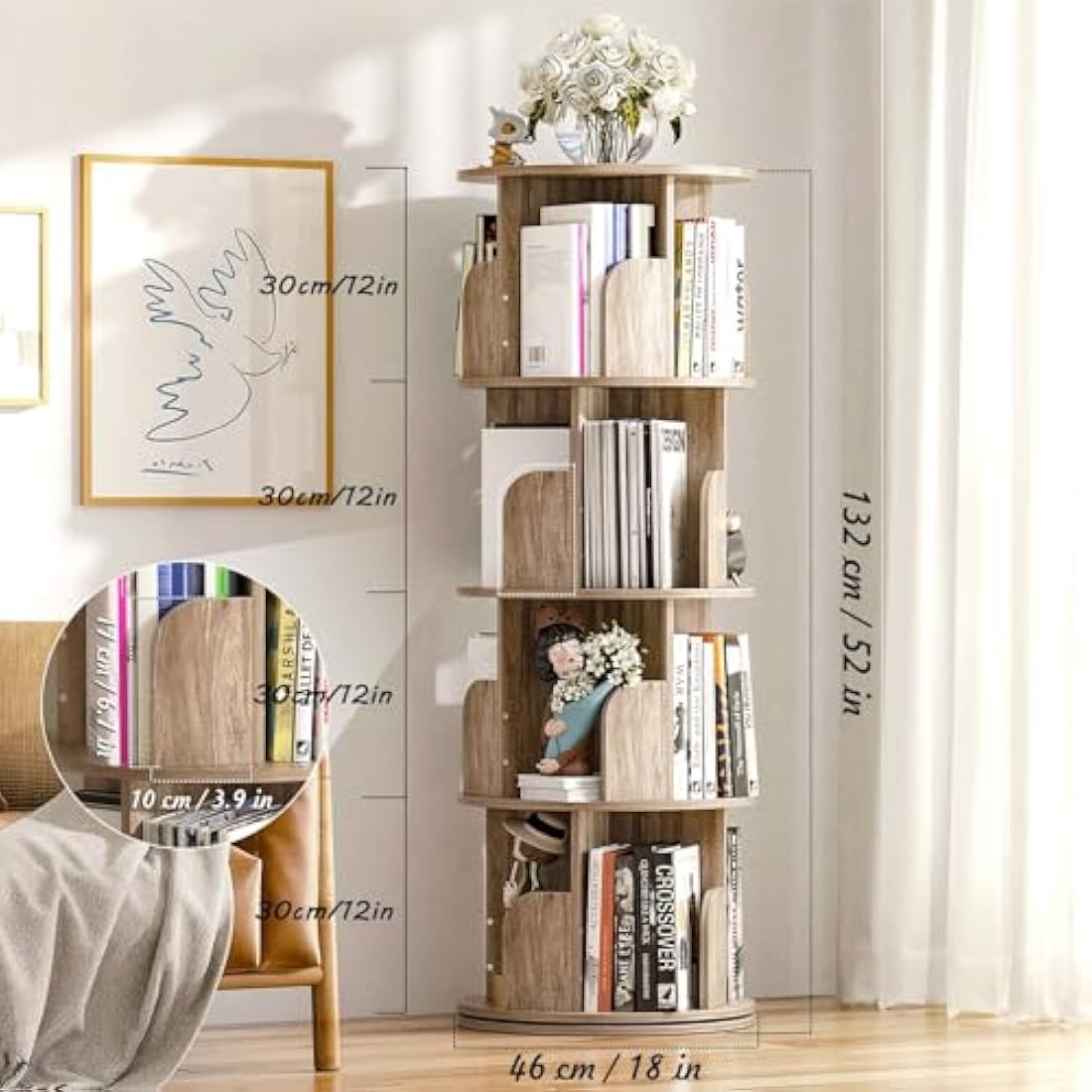 Nisorpa 4 Tier Rotating Bookshelf Floor Standing, 360° Rotating Bookcase for Kids Room, Wooden Spinning Bookshelf, Children Book Shelf Kids Book Storage for Study Room Bedroom Living Room, Black Oak