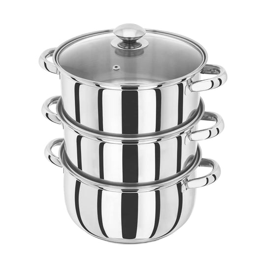 Judge Essentials Stainless Steel 3 Tier Steamer 22cm, Vented Glass Lid, Integral Casserole Pot, Oven Safe, Induction Ready, 10 Year Guarantee