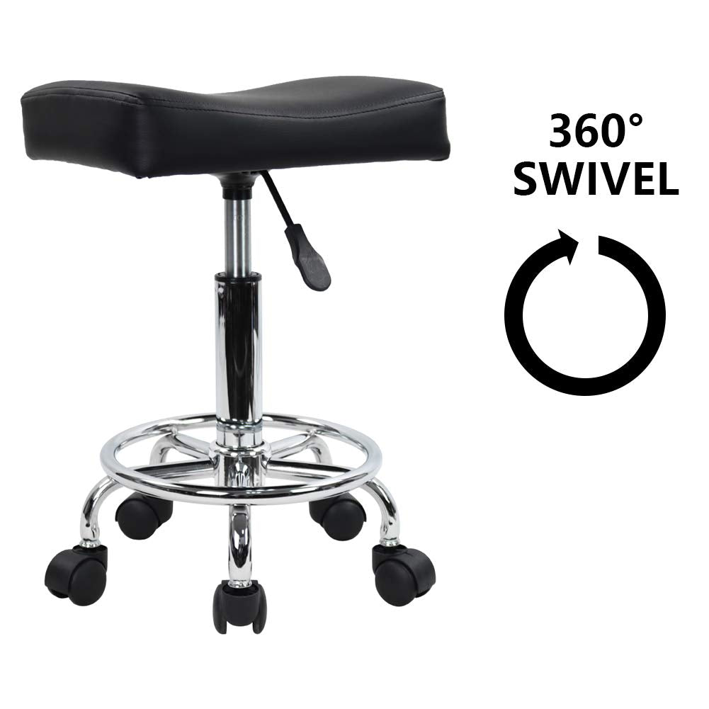 KKTONER Square Rolling Stool PU Leather Height Adjustable Swivel Massage SPA Salon Stools Task Chair with Wheels Black