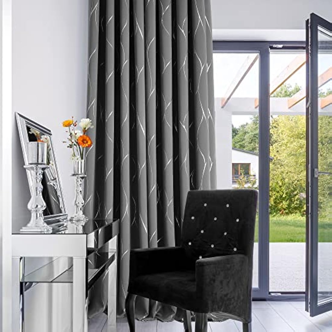 Deconovo Light grey Eyelet Curtains 66 x 54 Inch, Thermal Insulated Blackout Curtains, Silver Wave Line Foil Printed Curtains for Bedroom, 66 x 54 Inch(Width x Length), 2 panels